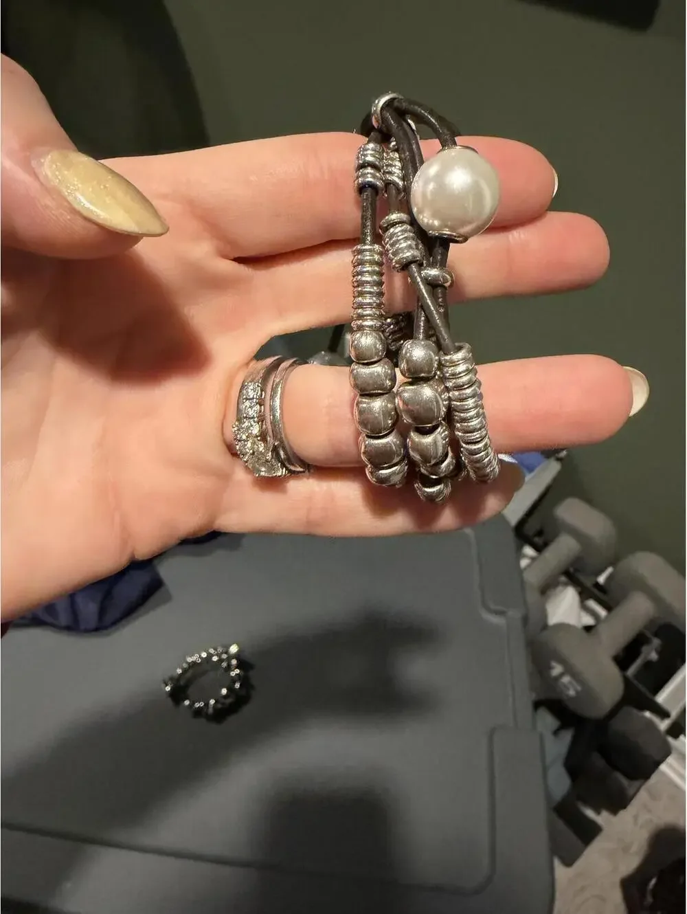 Uno de 50 Silver and Leather Multi-Strand Bracelet with Pearls